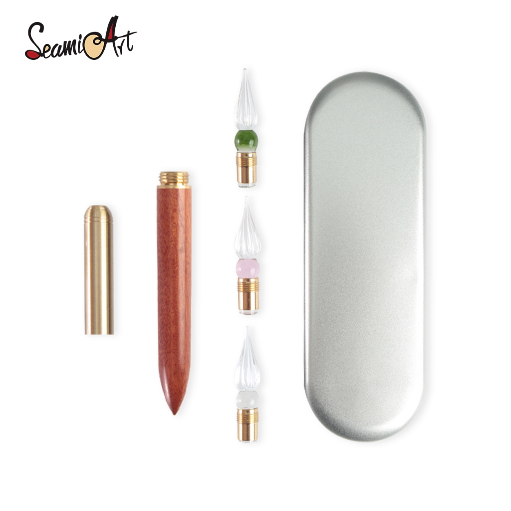 Writing Tools - SeamiArt 交換可能なガラスペン先 木製ハンドル ディップペンセット 金属箱付き 書道学生用