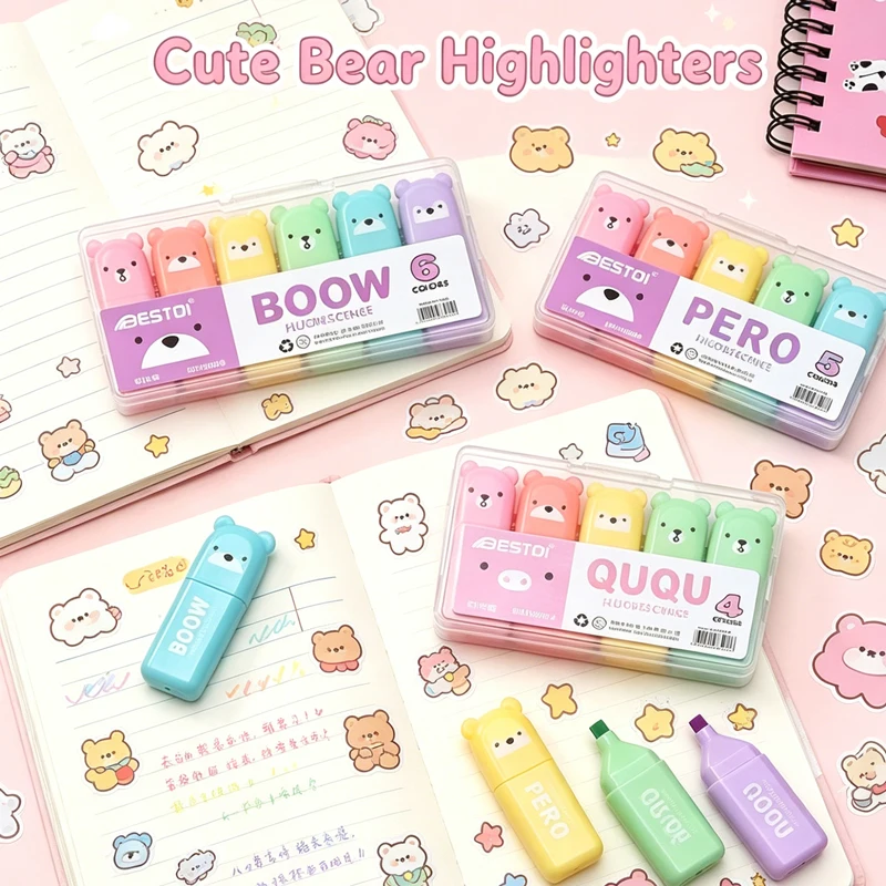 かわいいクマの形をした蛍光ペンセット。キュートな文房具、キャ - Pastel Highlighter Set Double Ended のレビューと価格